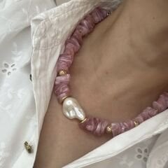 Özel Seri Pembe Boncuklu İncili Kolye 46 cm