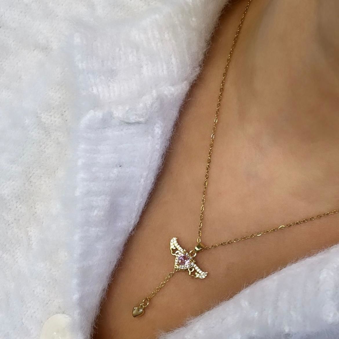 Çelik Zirkon Taşlı Pembe Kalp Kolye