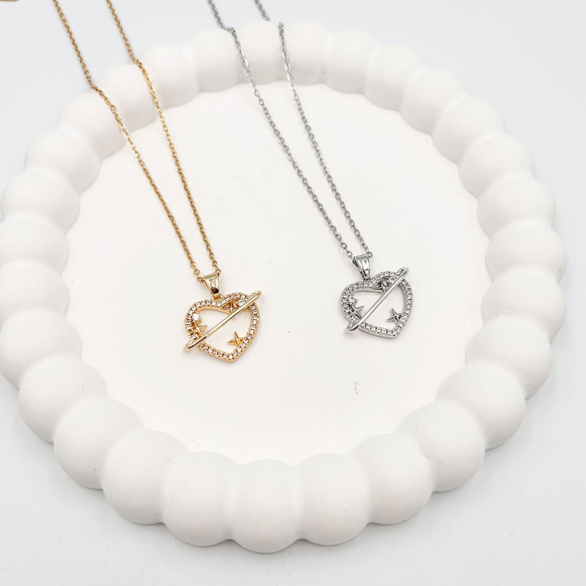 Çelik Zirkon Taşlı Kalp Kolye