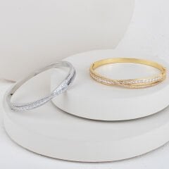 İthal Zirkon Baget Taşlı Kelepçe Bileklik 17 cm