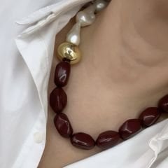 Özel Seri Bordo Boncuklu İncili Kolye 49cm