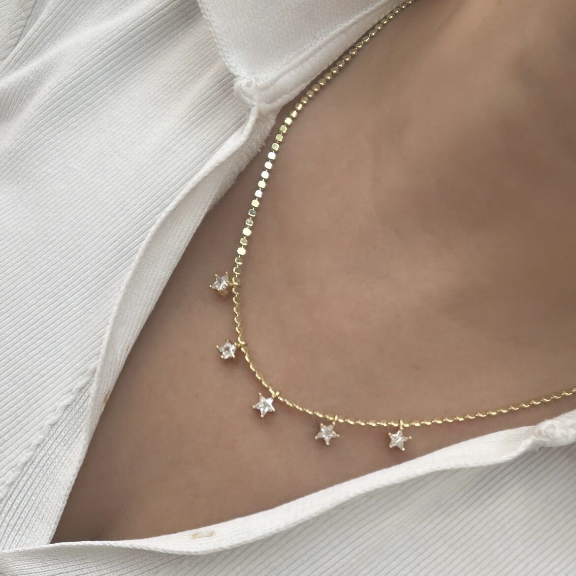 Çelik Yıldız Taşlı Ezme Zincir Kolye 50cm