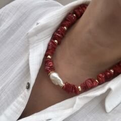 Özel Seri Kırmızı İncili Kolye 48cm