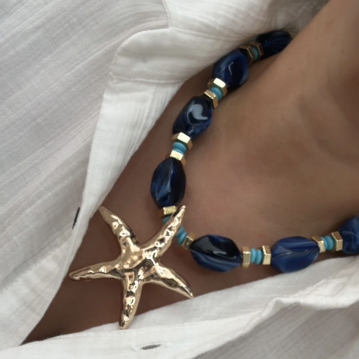 Özel Seri Lacivert Deniz Yıldızlı Kolye 48cm