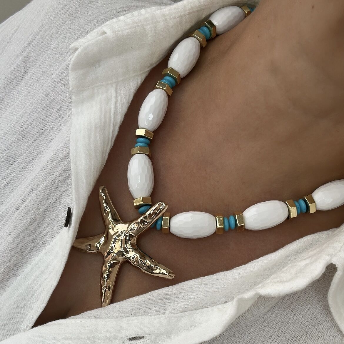 Özel Seri Beyaz Boncuklu Deniz Yıldız Kolye 48cm