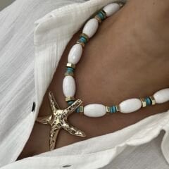 Özel Seri Beyaz Boncuklu Deniz Yıldız Kolye 48cm