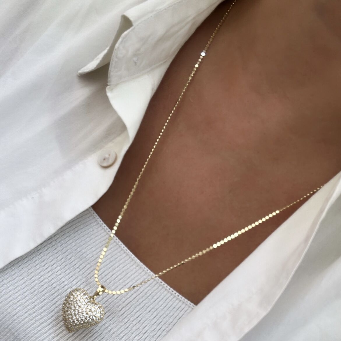 Vip Seri 14k Gold Taşlı Kalpli Ezme Zincir Kolye 60cm