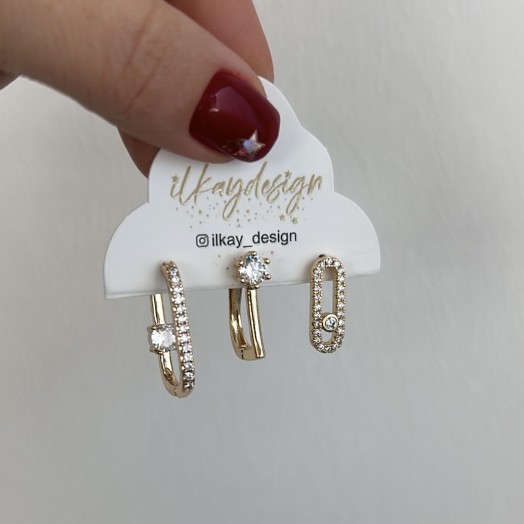 Özel Seri 3'lü Oval Halkalı Set Küpe