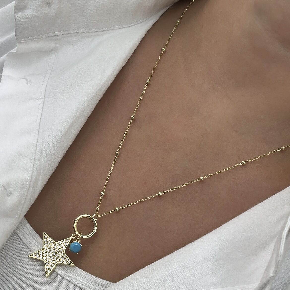 Özel Seri 14kGold  Mavi Boncuklu Yıldızlı Kolye 55cm