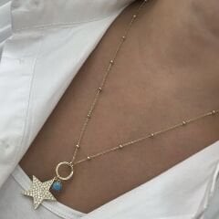 Özel Seri 14kGold  Mavi Boncuklu Yıldızlı Kolye 55cm