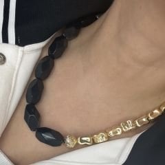 Özel Seri Siyah Gold Boncuklu Kolye 48cm