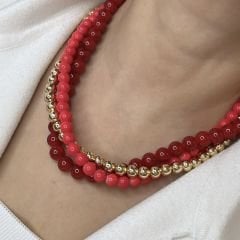 Özel Seri Kırmızı Boncuklu İncili Kolye 46cm