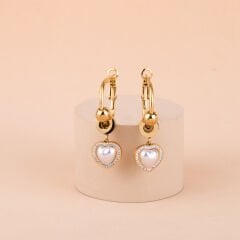 Çelik Kalpli İncili Halka Küpe