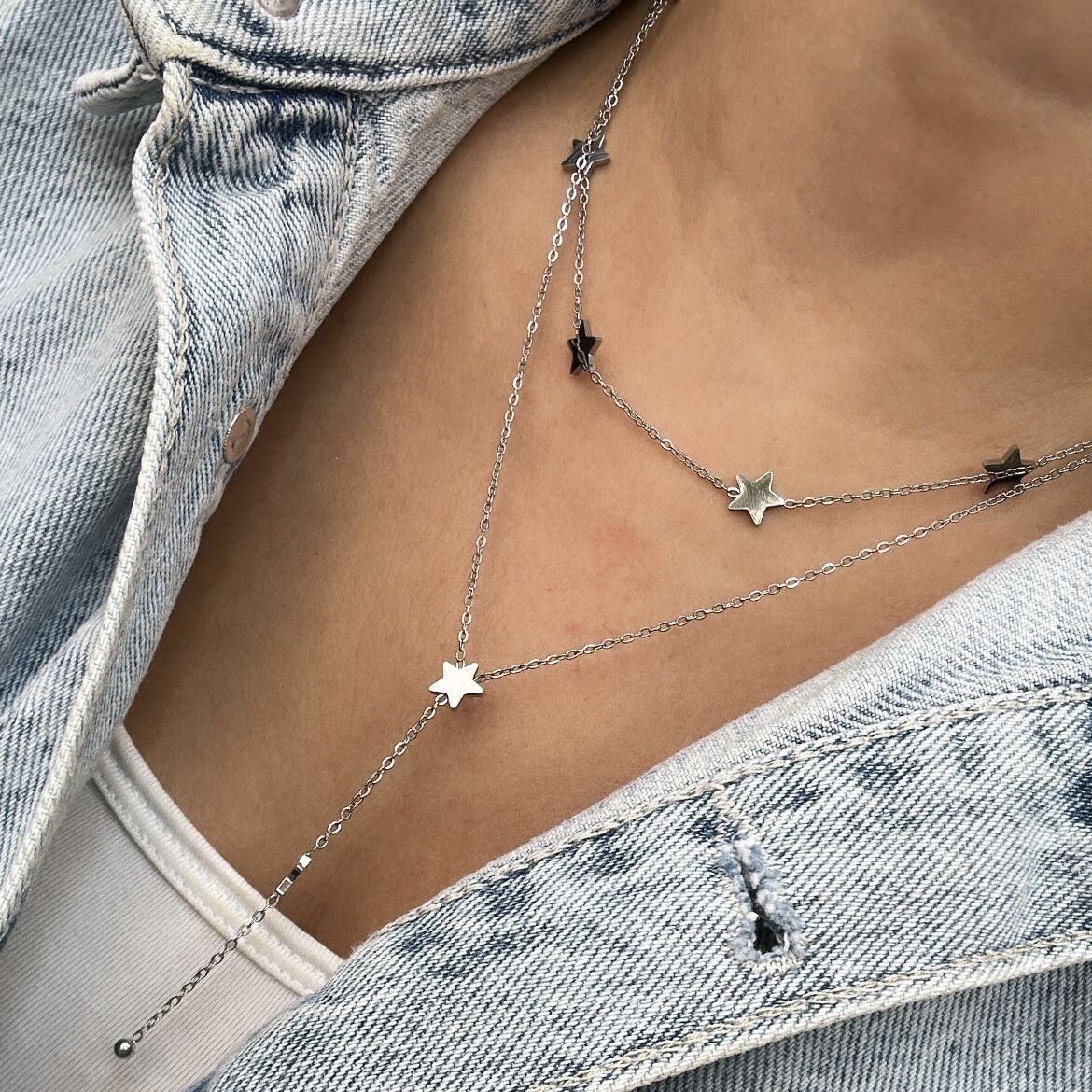 Çelik Yıldızlı Y Kolye Gümüş 45cm