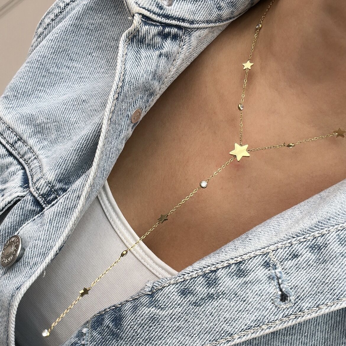 Çelik Yıldızlı Taşlı Y Kolye Gold 45 cm