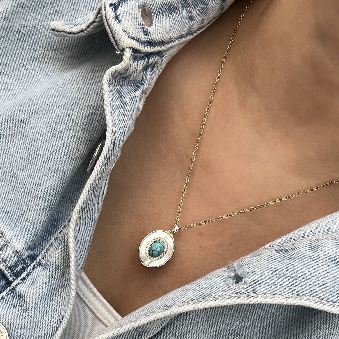 Çelik Sedefli Firuze Kolye 45 cm