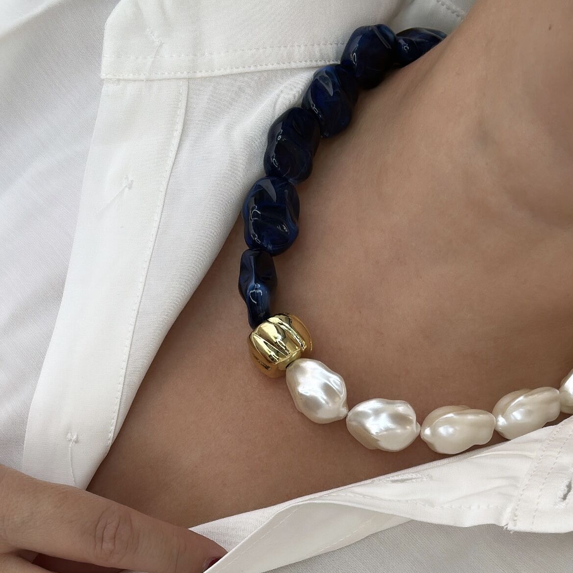 Özel Seri İncili Lacivert Kolye 49cm