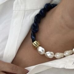 Özel Seri İncili Lacivert Kolye 49cm