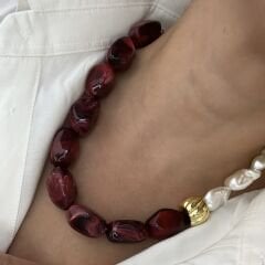 Özel Seri İncili Bordo Kolye 49cm