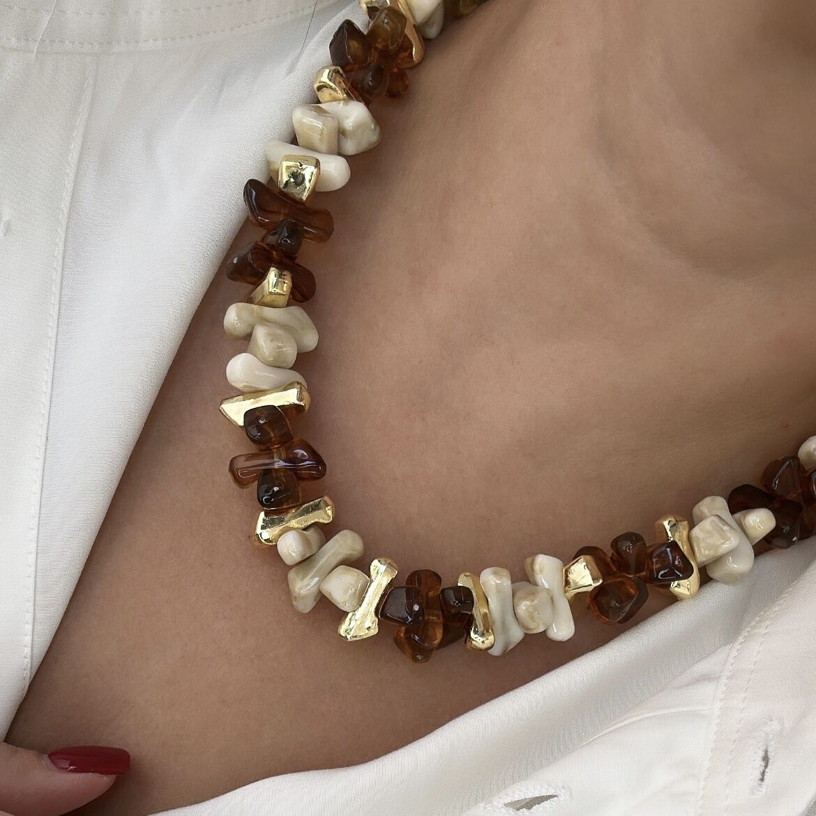 Özel Seri Kahve-Bej Boncuklu Kolye 49cm