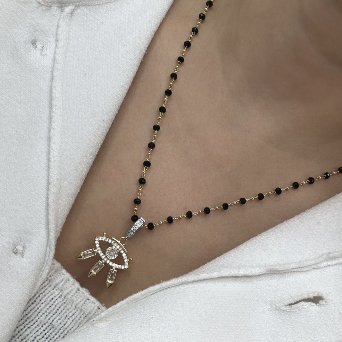 Özel Seri Nazar Gözlü Kristal Taşlı Kolye 55cm