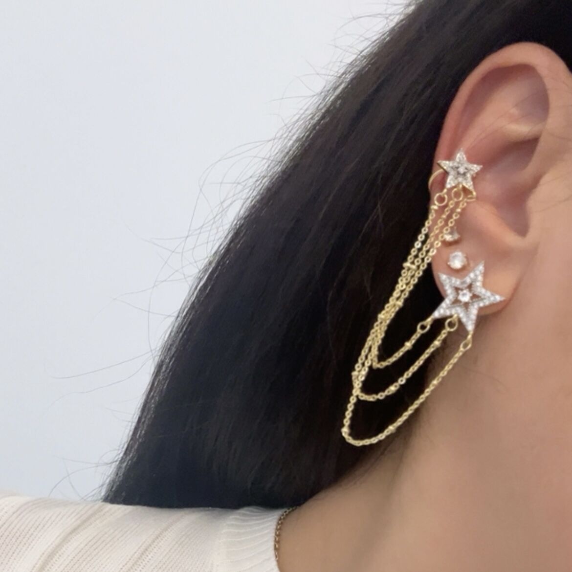 Özel Seri Zirkon Taşlı Yıldızlı Zincirli Küpe