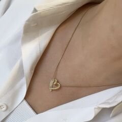 14K Gold Çelik Taşlı Kalpli Kolye 45cm