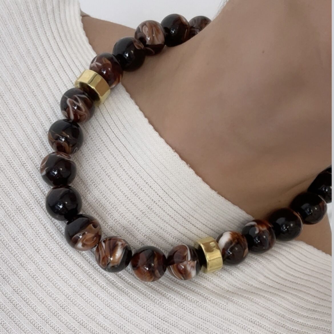 Özel Seri Kahve Gold Boncuklu Kolye 50cm