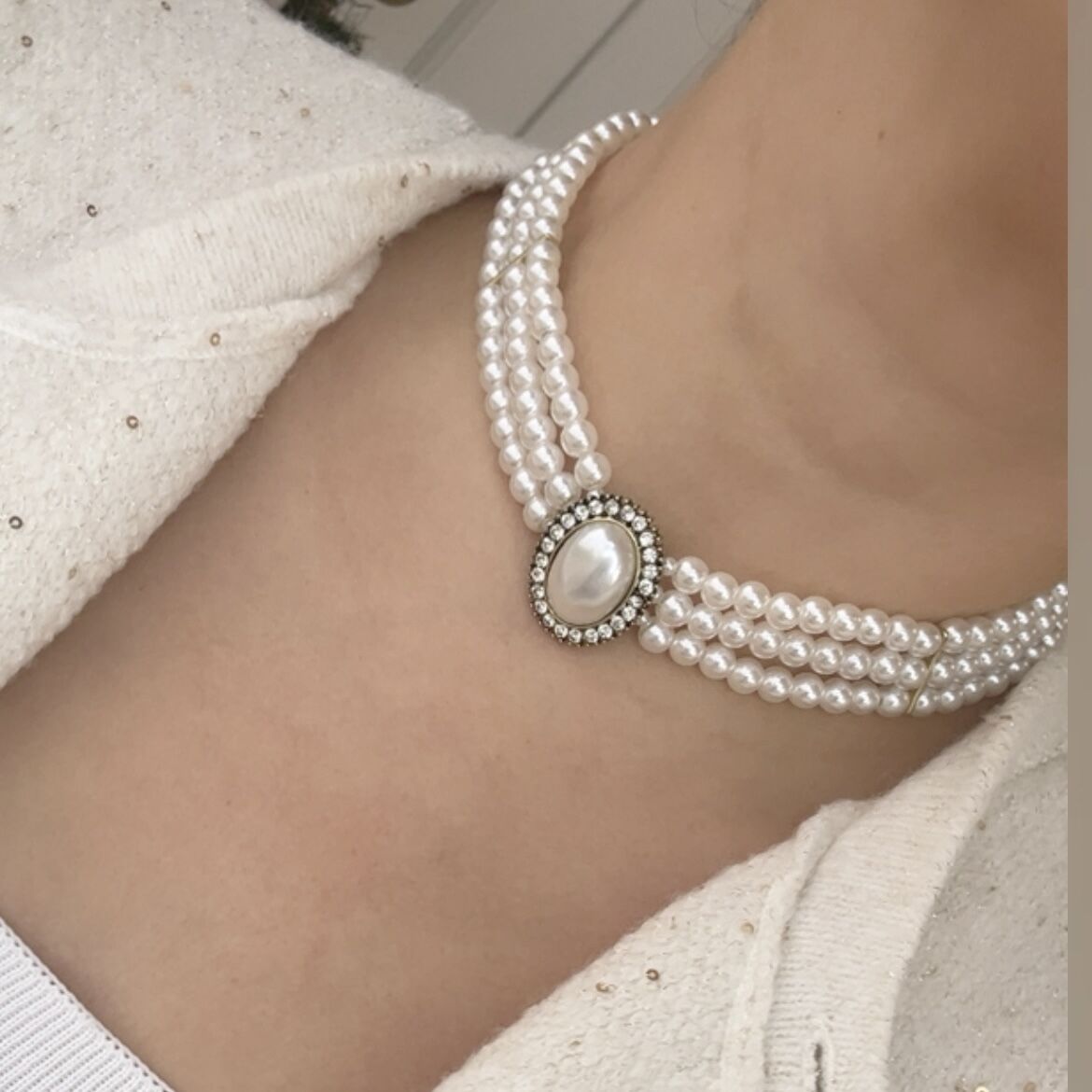 Özel Seri 3'Lü Taşlı İnci Kolye 40cm