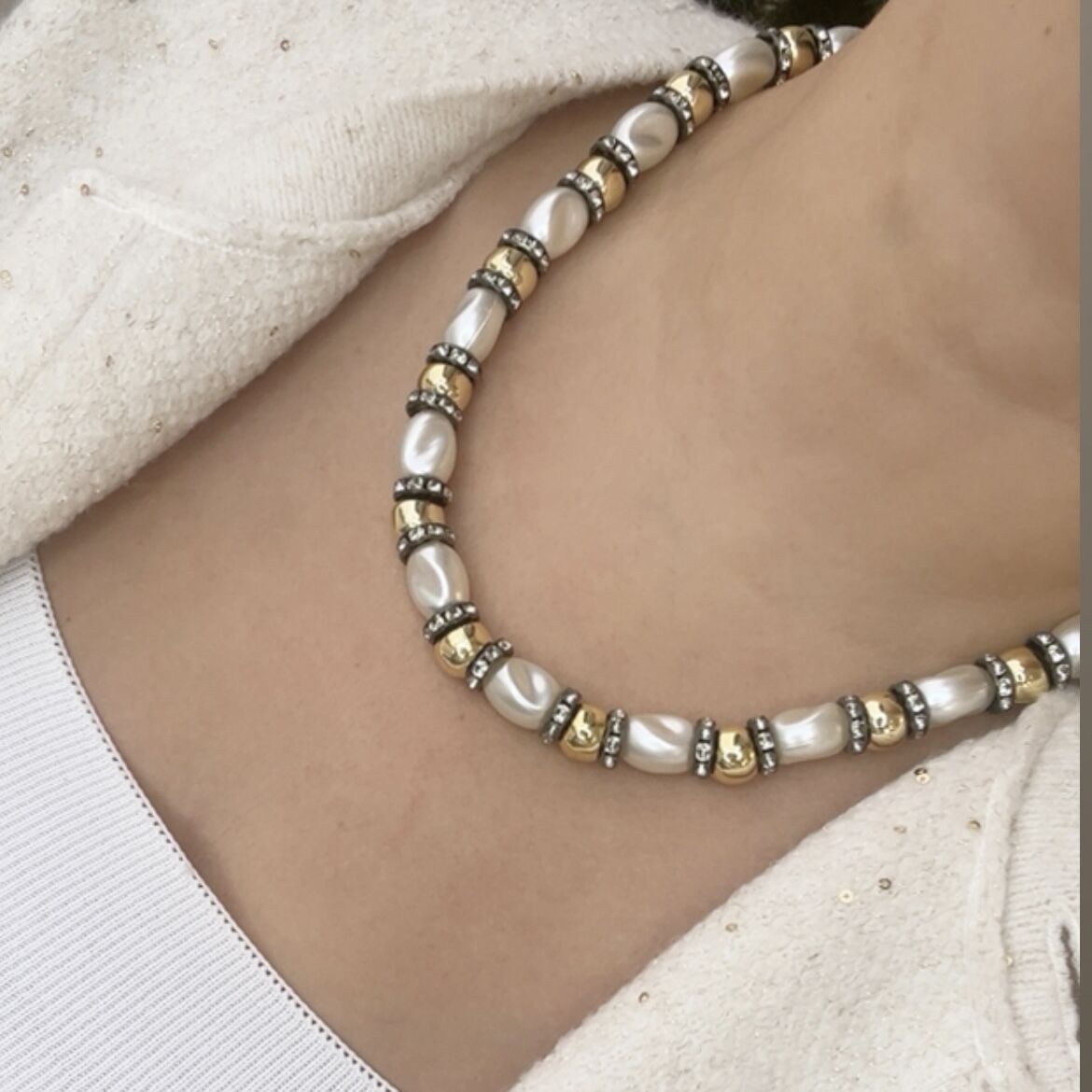 Özel Seri Taşlı İnci Kolye 50cm