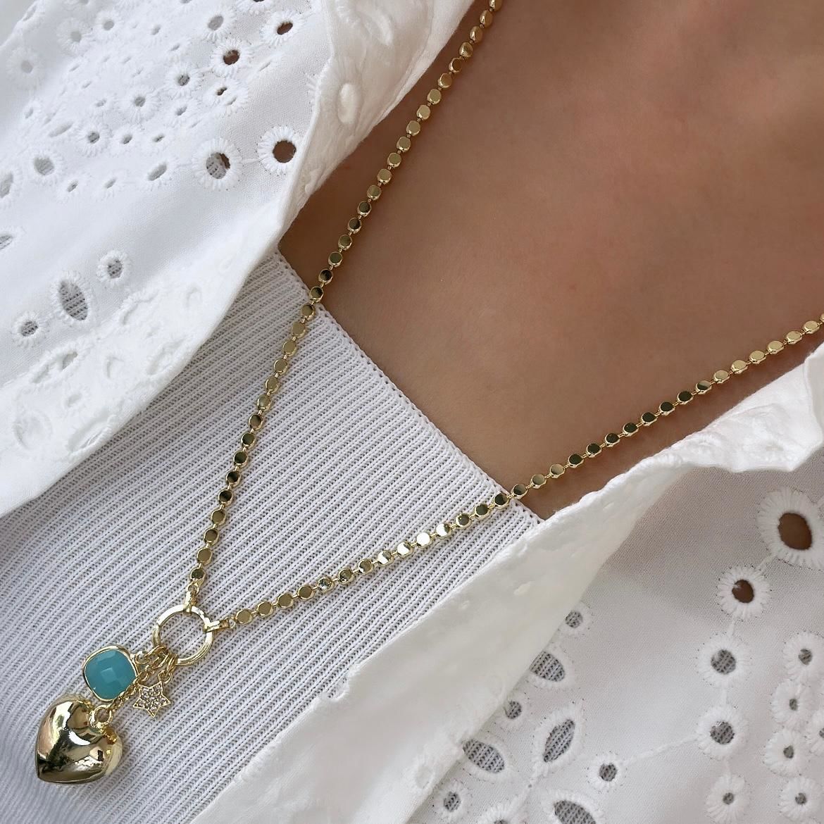 Özel Seri Kalpli Mavi Boncuklu Ezme Kolye 66cm