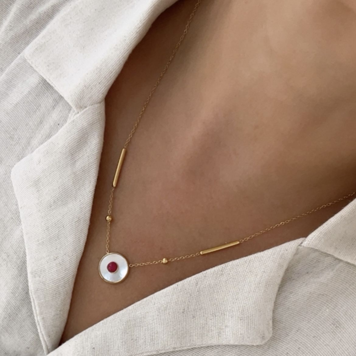 Çelik Pembe Taşlı Sedefli Kolye 49cm