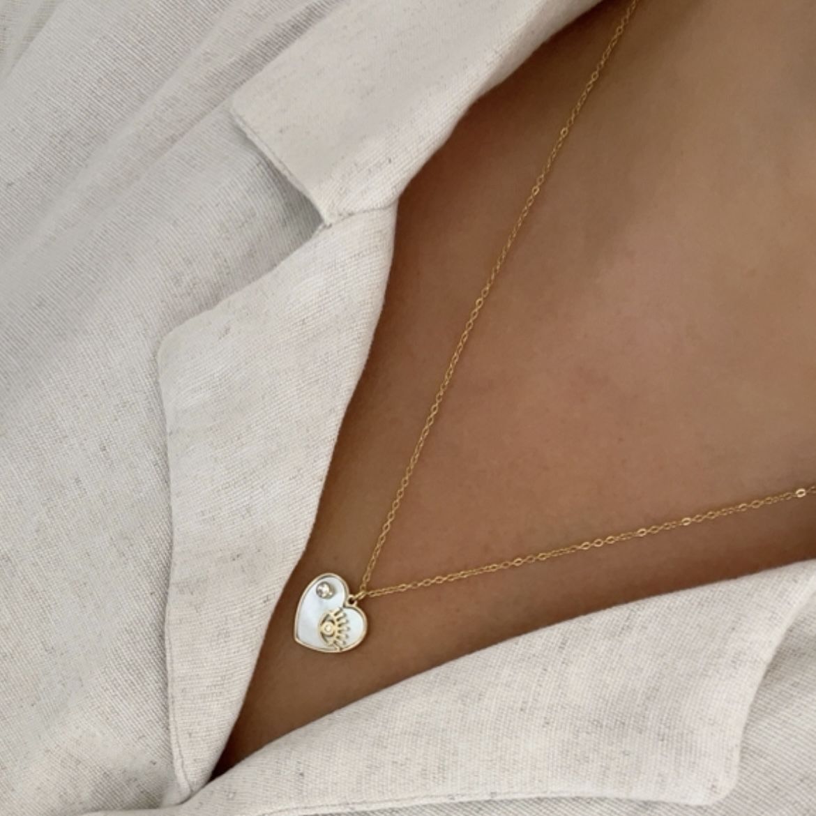 Çelik Sedefli Gözlü Kalpli Kolye 45cm