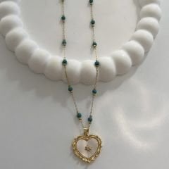 Çelik Mavi Boncuklu Sedefli  Kalpli Kolye 49cm