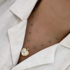 Çelik Mavi Boncuklu Sedefli  Kalpli Kolye 49cm