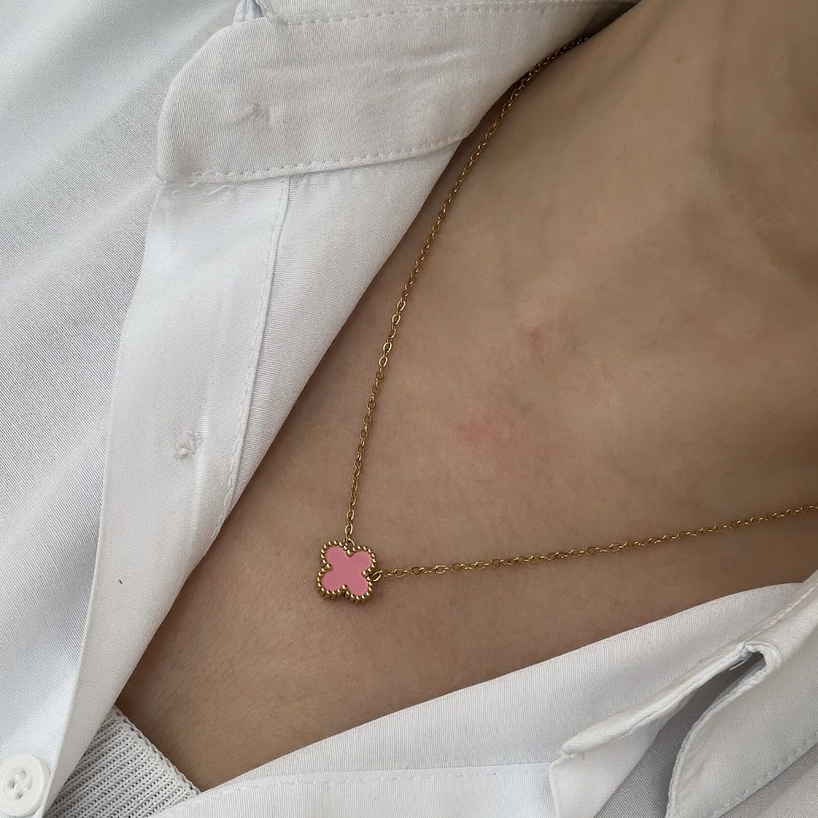 Çelik Pembe Yonca Kolye 45cm