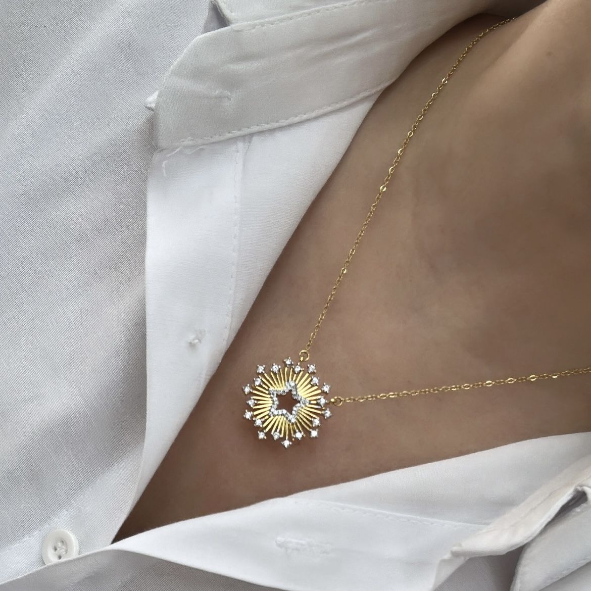 Çelik Zirkon Taşlı Yıldız Kolye Gold Gümüş  50 cm