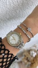 Çelik Kasa Zirkon Taşlı Gold-Gümüş Saat