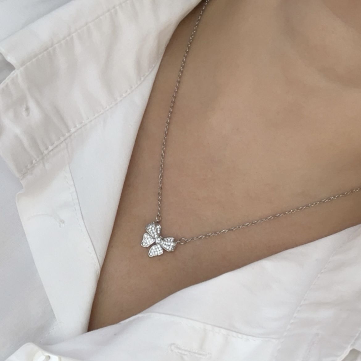 Çelik Zirkon Taşlı Fiyonk  Kolye 45cm